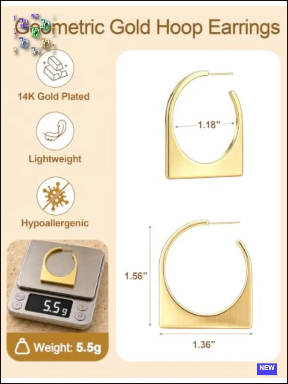 14K Gold Plated Brushed Geometric Hoop Drop Earrings Lightweight